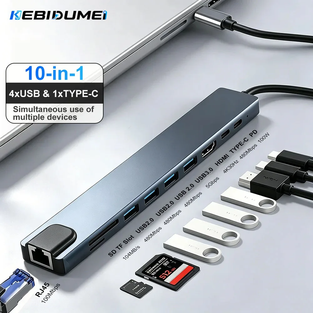 KEBIDUMEI 10-in-1 USB-C zu HDMI 4-Port USB-Hub Typ-C SD TF RJ45 PD100W USB-C Dockingstation für MacBook Laptop-Zubehör