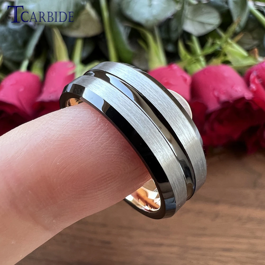 Dropshipping TCarbide 8MM Men Women Finger Ring Tungsten Wedding Band Multicolor Grooved Beveled Fashion Gift Jewelry