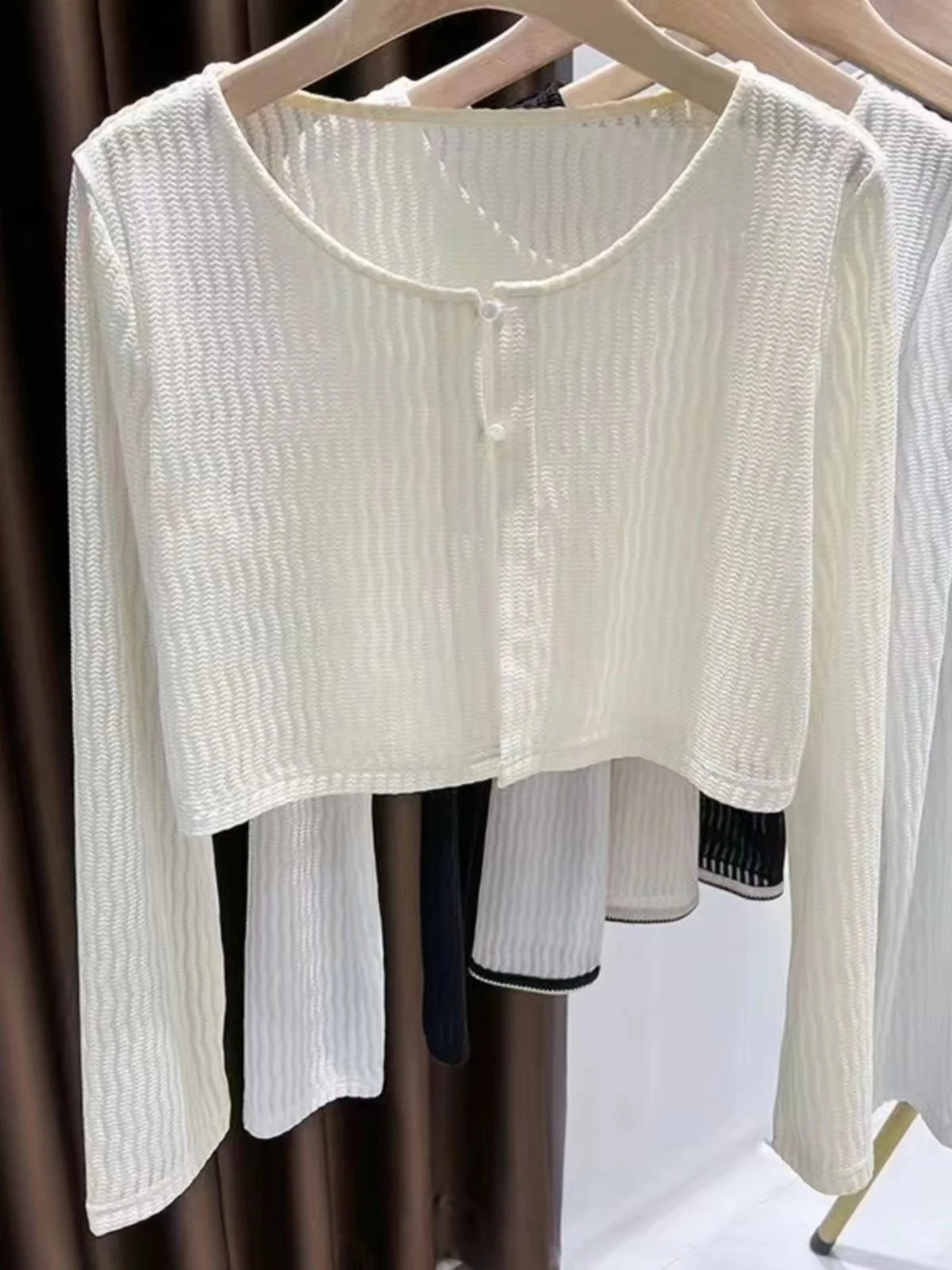 Summer Lace Mesh Open Cardigan Women's Long Sleeve Short Coat Sun Protection Shoulder Pad Matching with Halter Dress Top