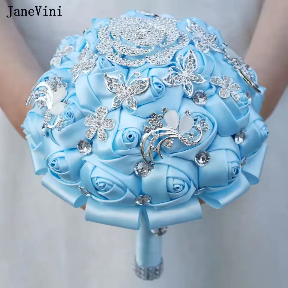 

JaneVini Sparkly Silver Butterfly Rhinestone Wedding Bouquet Handmade Satin Rose Light Blue Bride Bridal Bouquets Crystal Flower