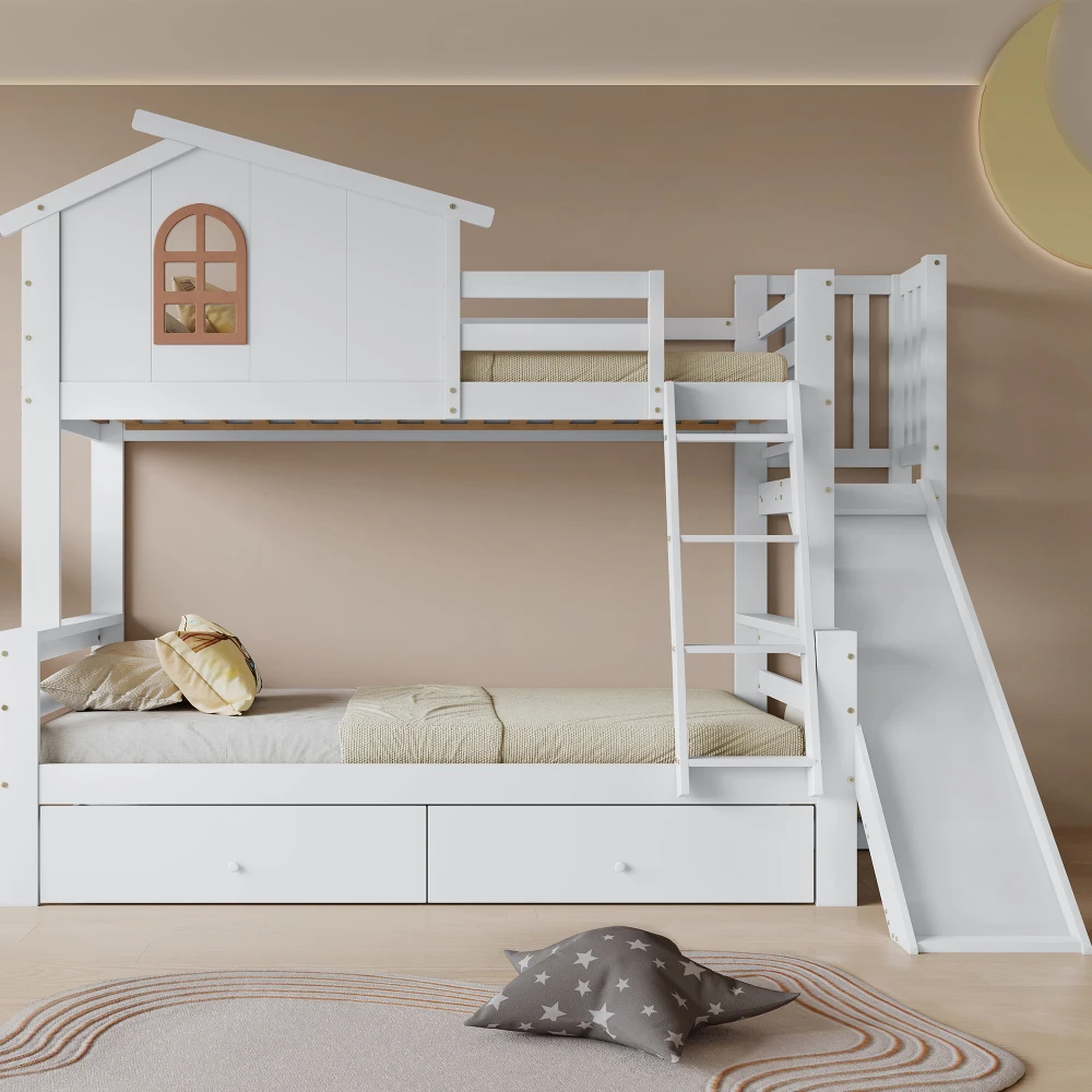 PINGGO Weißes Etagenbett Mutter-Kind-Bett Charakteristische Fenster 4-Stufige Rutsche 2 Schubladen Massivholzrahmen Ohne Matratze – Detail 4