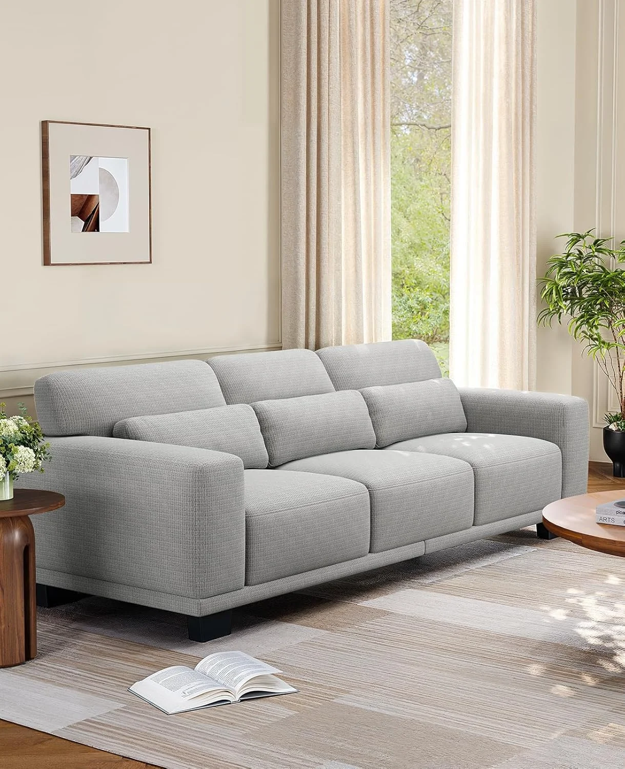 

89" 3-Seater Sofa Couch (White Linen) – Deep Seats, Wide Armrests, Removable Washable Cover, Modern Upholstered for Living Room