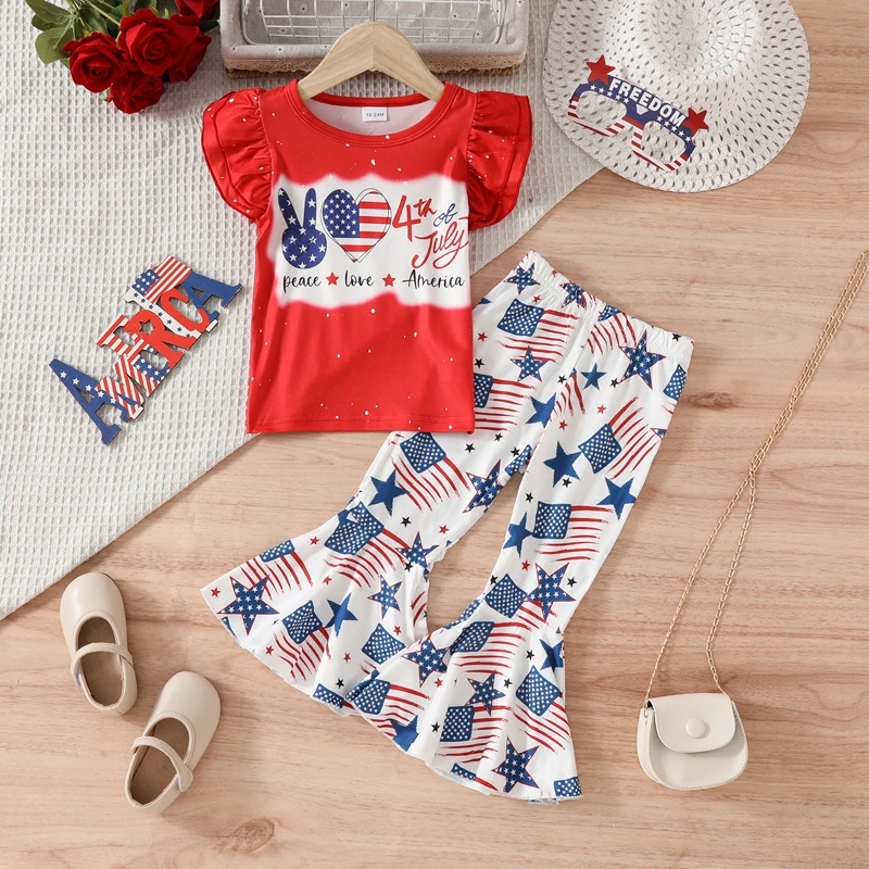 Independence Day Toddler Girls Clothing Set with Patriotic Letter Print Top and Striped Stars Print Pants - 4th of July Outfit