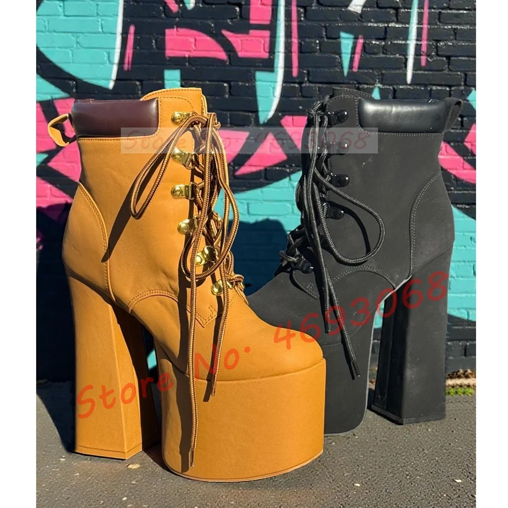 Botines de tacón de bloque con plataforma color tostado para mujer, botas de motociclista de tacón alto Punk con punta redonda y cordones cruzados, zapatos de calle elegantes para mujer