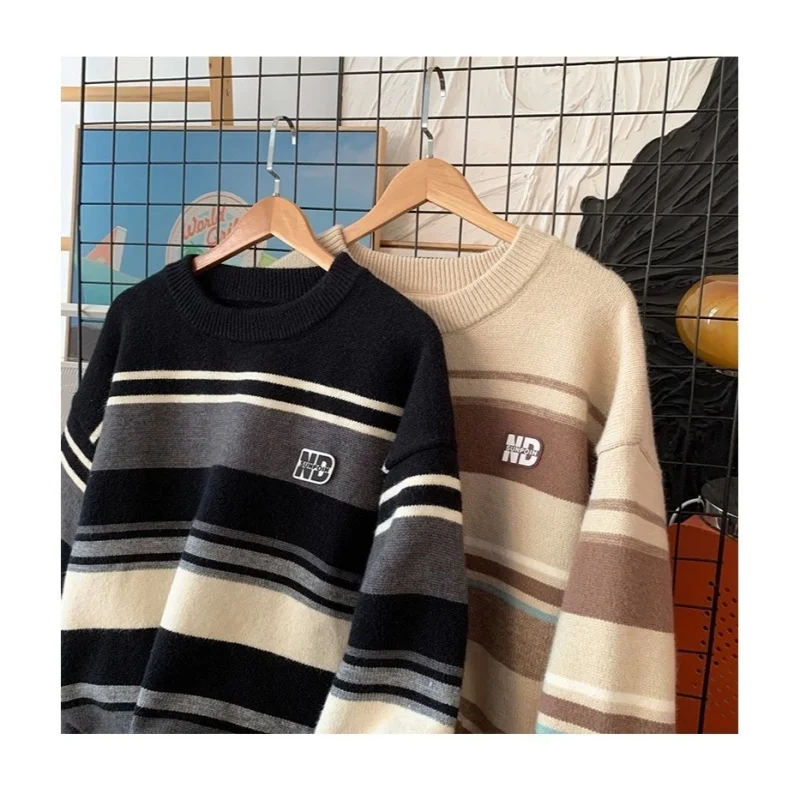 

Модный мужской осенне-зимний полосатый контрастный свитер, свободный пуловер с круглым вырезом, модный трикотаж, верхняя одежда в стиле ретро, нитка