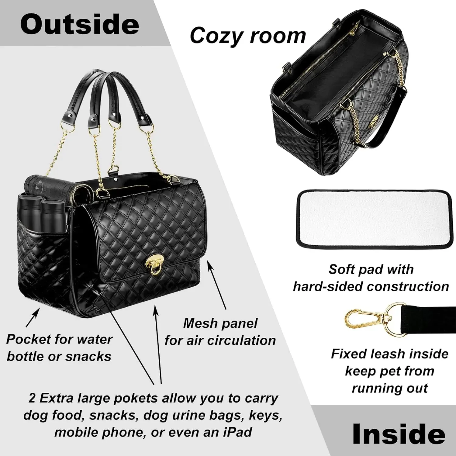 Fashion Dog Purse Carrier for Small Dogs with 2 Super-Large Pockets PU Leather Pet Carrier Puppy Purse Carrier for Travel