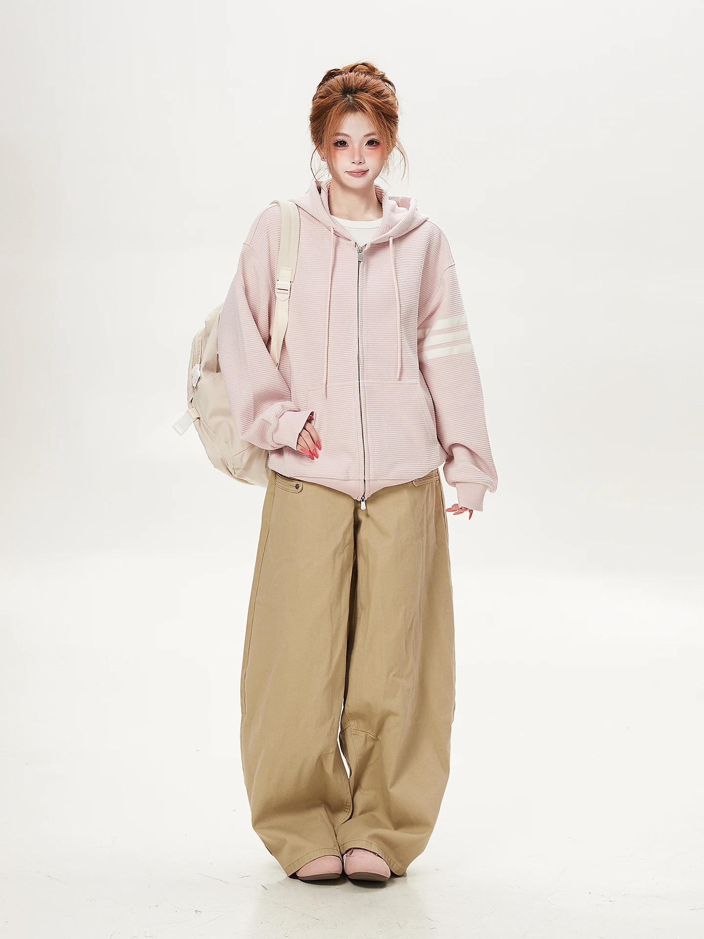 Pink Hooded Cardigan Sweatshirt Women's Loose Fit Autumn Outerwear Slimming Versatile Ant Style American Casual Fashion