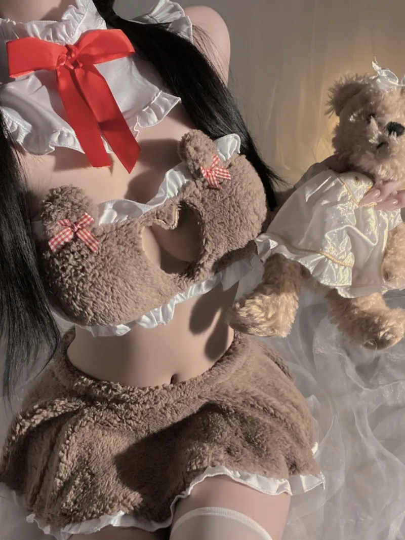 New sexy lingerie red cute outfits for women teddy bear plush chiffon skirt set pure desire love uniform set qqny suit FCXX