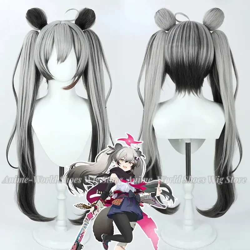치도리 미치루 코스프레 가발 블루 아카이브 그레이 블랙 혼합 포니 테일 90cm 내열성 합성 머리 할로윈 역할 놀이 파티