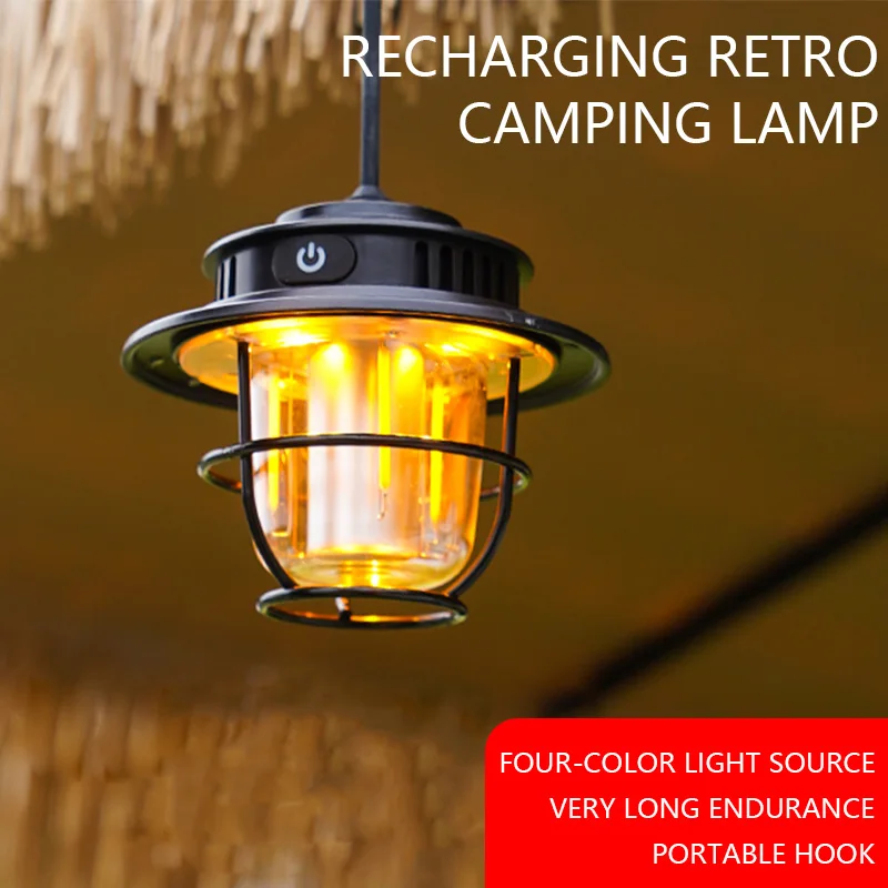 Retro Lamp Portable Camping Lantern Waterproof Emergency Light Stepless Dimmable Hanging Tent Lamp for Outdoor Hiking