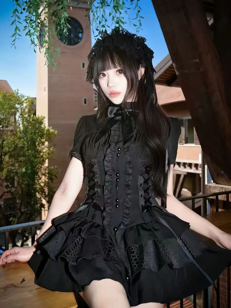 Japanese Y2K Gothic Patchwork Dress Women Summer Subculture Shorts Sleeve Cape Dress Sweet Lolita Dark Academia Vestidos Mujer