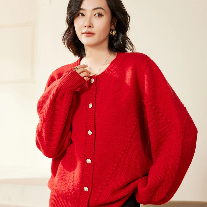

Winter 100% Pure Wool Loose Thick Round Neck Long Sleeve Knit Cardigan Ladies Sweater Jacquard Cashmere Sweater