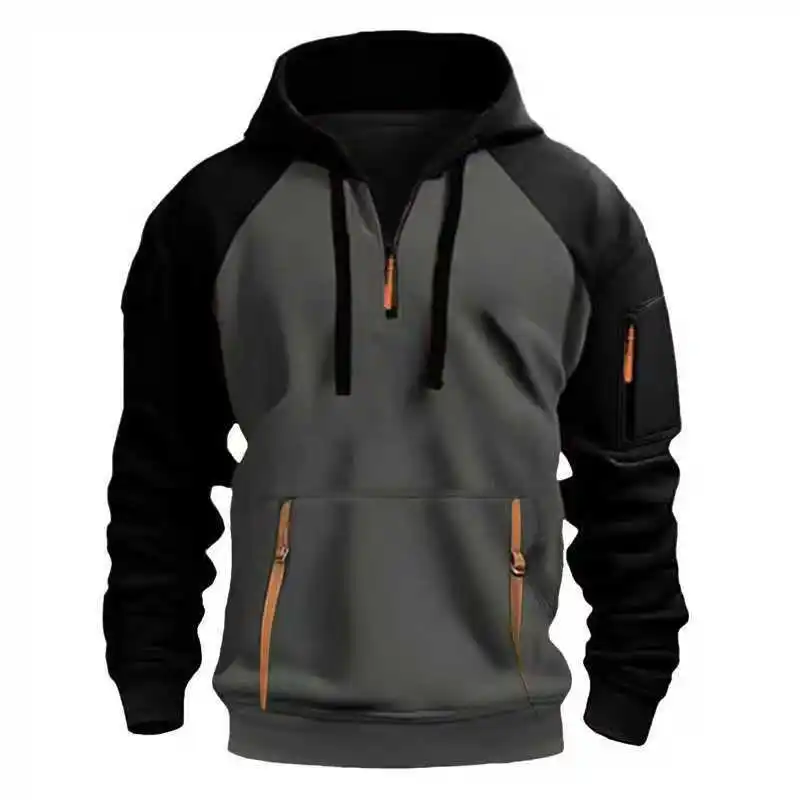 Men's Half-Zip Hooded Sweatshirt, Outdoor Workwear Style, Multi-Pocket Design, Casual Sports Pullover Top, 3 Colors Available