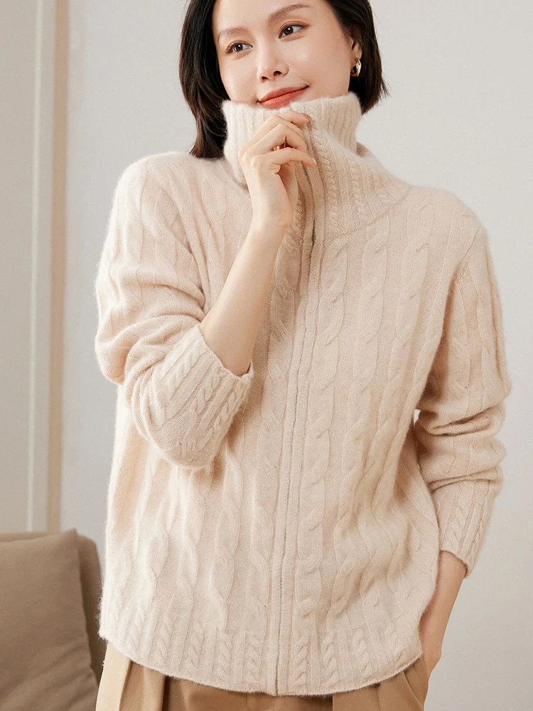 

Women Cashmere Sweater Cardigan Turn-down Collar Twist Flower Autumn Winter 100% Cashmere Knitwear Thick Elegant Clothing Tops