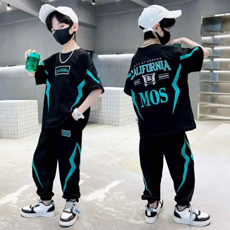 Summer Boys Cotton Alphabet Lightning T-Shirt Tops+Sweatpant School Kids 2PCS Tracksuit Child Jogger Outfit Workout Set 5-14 Yr