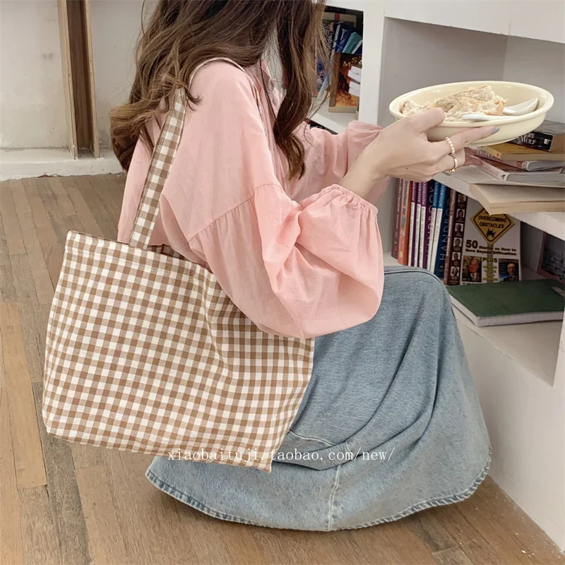 Large Capacity Plaid Reversible Shoulder Bags Women Canvas Bag Underarm Tote Shopping Reusable Fashion Simple Portable Travel