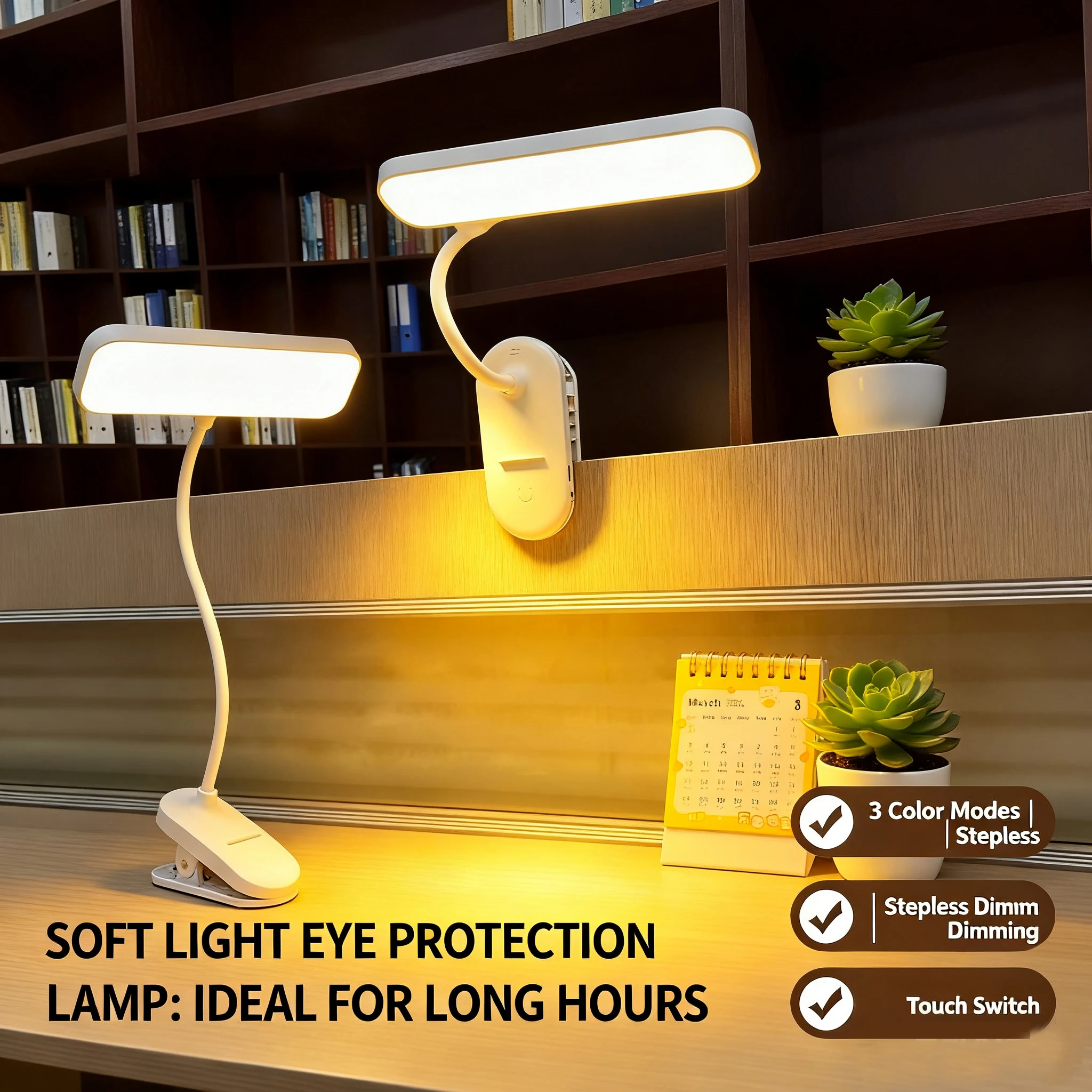 Clip-On Desk Lamp with Eye Care, USB Rechargeable & Plug-in Dimmable LED Light, Adjustable Study Lamp for College Dorm, Bedroom