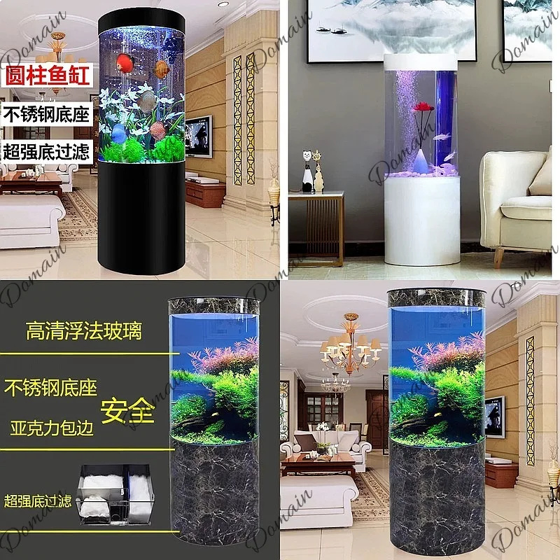 Cylindrical Glass Fish Tank Large Floor Standing Aquarium Bottom Filter No Water Change Living Room Custom