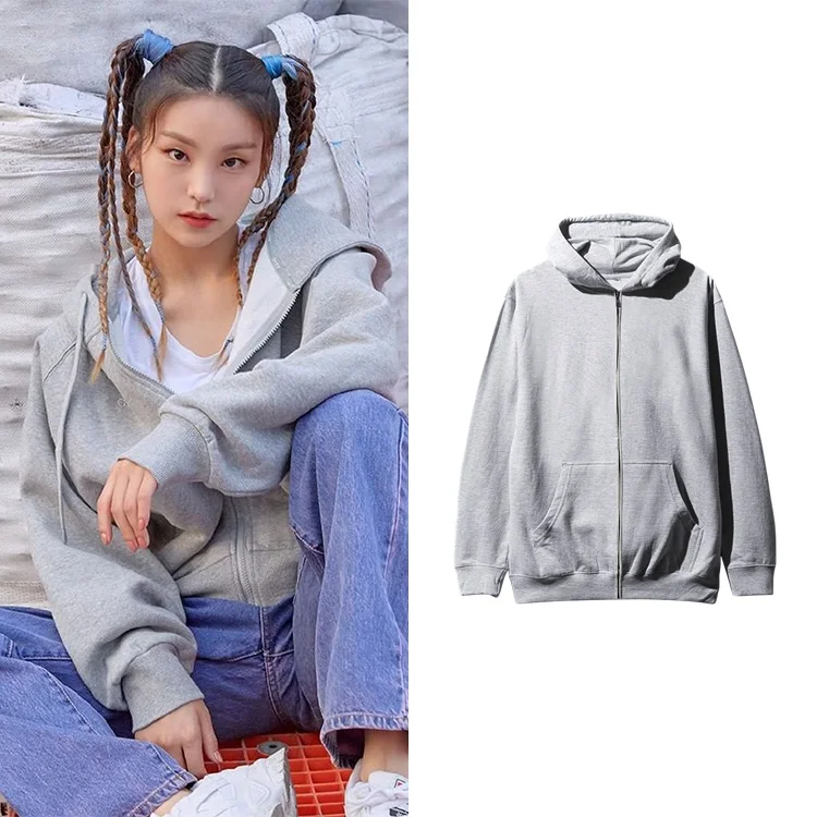 

Kpop Korean Singer Retro Gray Zipper Hoodies Women Street All-match Fleece Hooded Sweatshirt Lady Winter Thicken Warm Outerwear