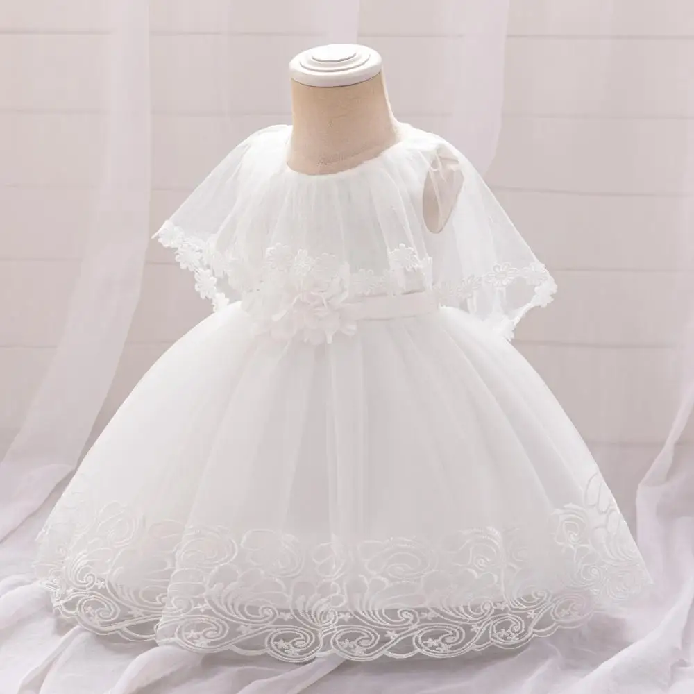 Girl's White Flower Mesh Sleeveless Puff Dress for One Year's Birthday Wedding Flower Girl Sweet and Cute Fashion Evening Dress