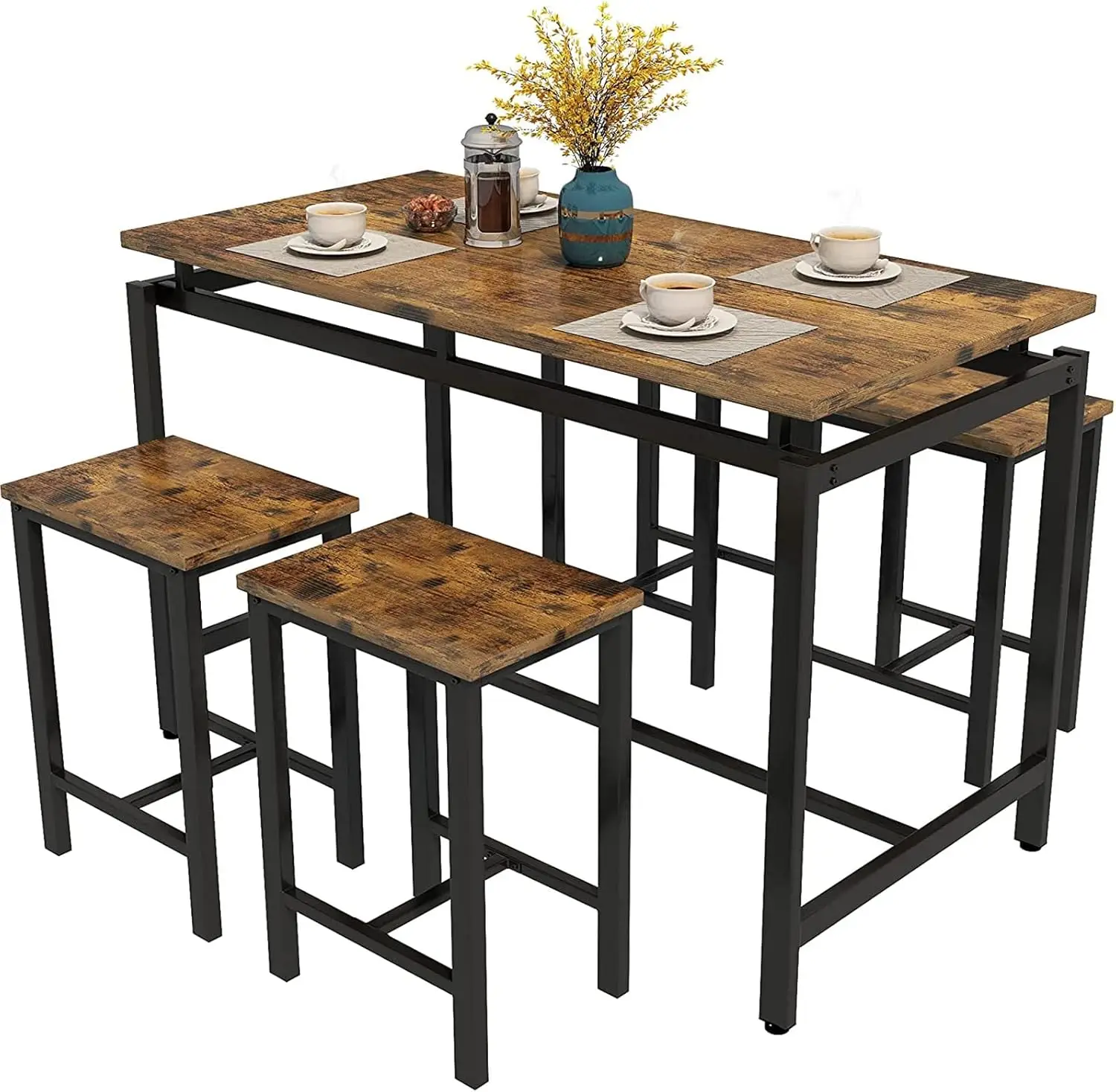 Mieres 5 Piece Dining Table Set For 4, Small Kitchen Bar Table And Chairs For 4, Wooden 47"" Dining Room Table Set With 4