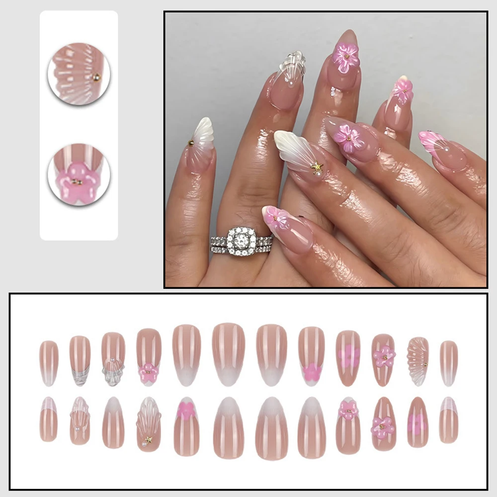 

24 Pieces Pink Gradient Almond Wearable Nail Tips 3D Flower Shell Pattern Self-adhesive Elegant Fake Nail Press on Nails