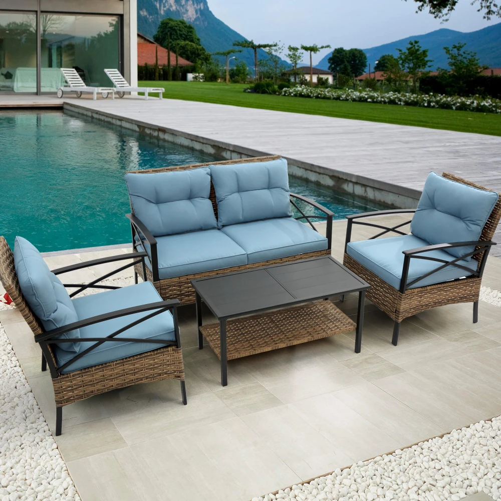 

4 Pieces Patio Furniture Set, Outdoor Sectional Sofa Conversation Set, All Weather Wicker Rattan Couch Dining Table & Chair
