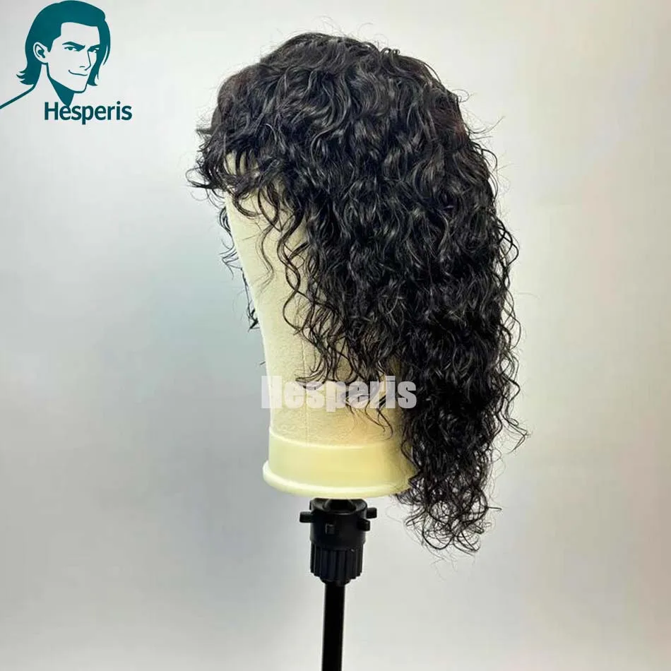 Hesperis شعر بشري مجعد الباروكات مع الانفجارات البرازيلي ريمي الحرير العلوي آلة كاملة صنع شعر مستعار للرجال شعر مستعار قصير مجعد للذكور #5