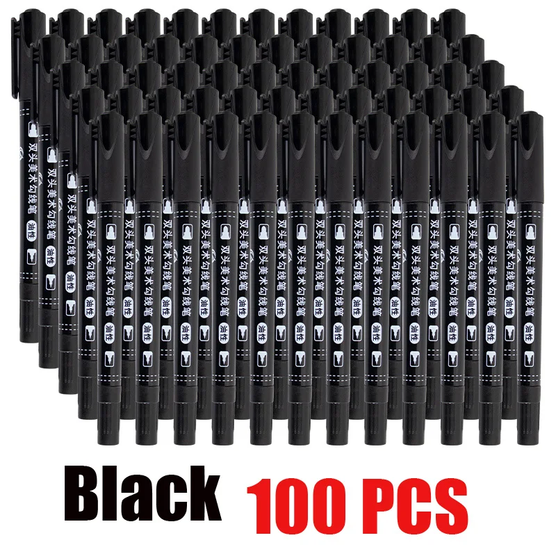 100pcs Double-head Oily Black Marker Pen Quick Drying Waterproof, Children's Painting and Art Special Line Marking Pen