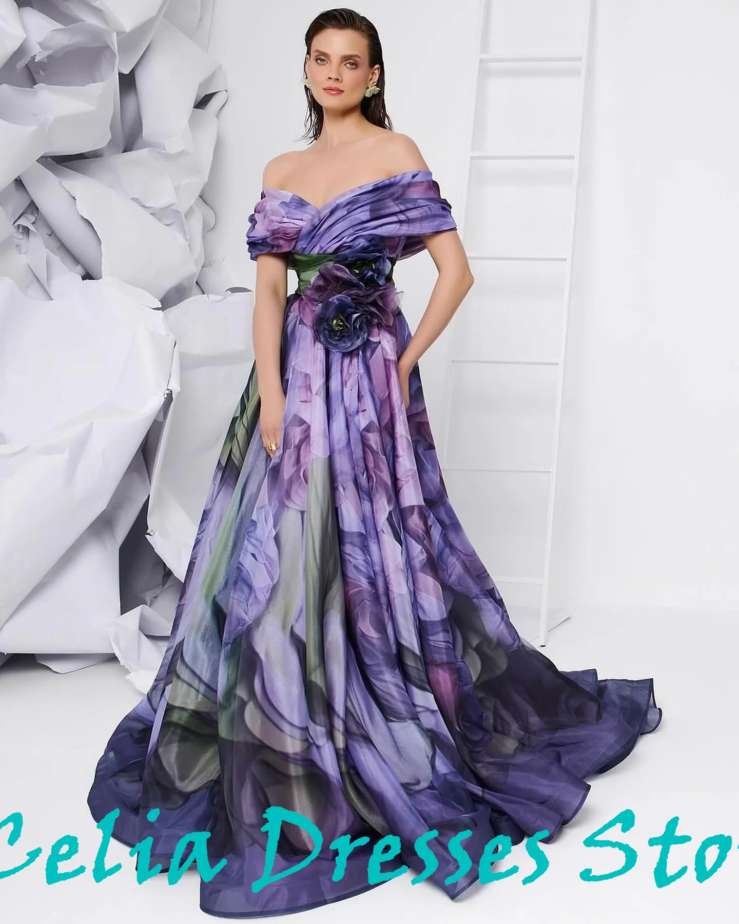 Floor Length Straight Off the Shoulder Short Sleeves Court Train Pleats Flowers Elegant Party Dresses Woman Quinceanera Gowns