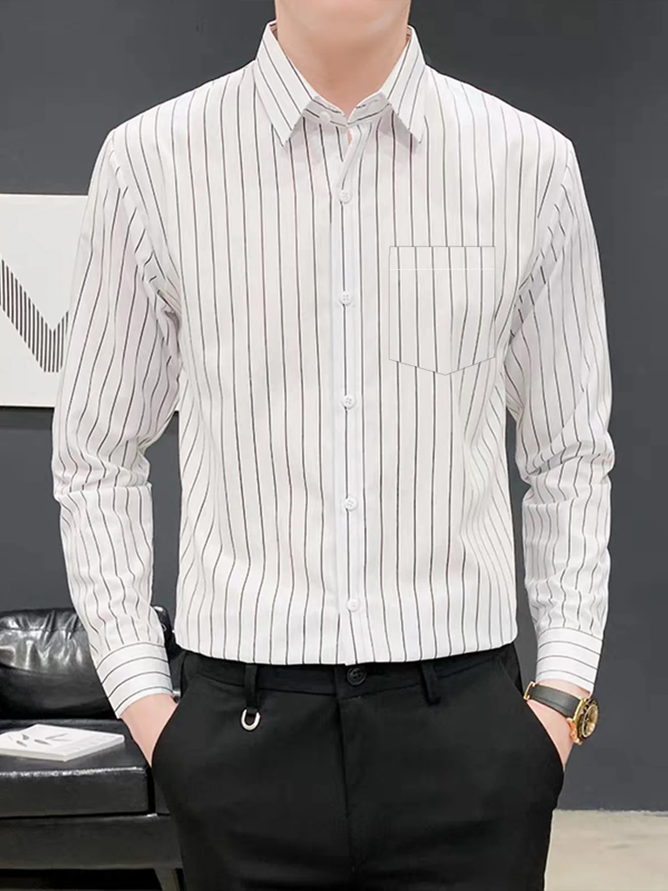 

Spring and Autumn New Fashion Casual-Mature Style Striped Long-Sleeve Shirt for Men, Retro, Stylish, Versatile, High-End Feel