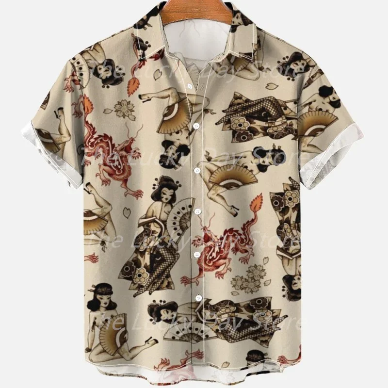 

Summer Men's Social Casual Vintage Floral Hawaiian Oversize Short Sleeve Shirt Street Luxury Dragon Pattern Element Clothing Hot