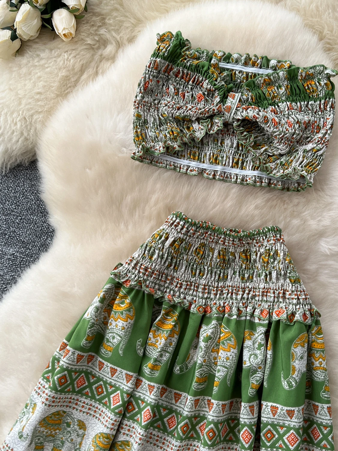 Thai Sle Vaion Wear Damen Sommer Design Knoten Krawatte Crop Top Hohe Taille Elefantenmuster Rock Faionable Ensemble