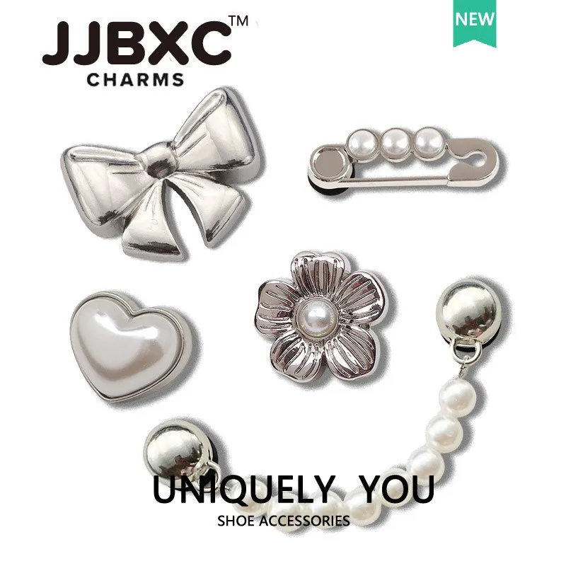 Metal JJBXC charm Shoe Buckle Shoe Accessories Silver metal Bow Silver Flower Pearl Chain DIY Fashion Shoes Decorations
