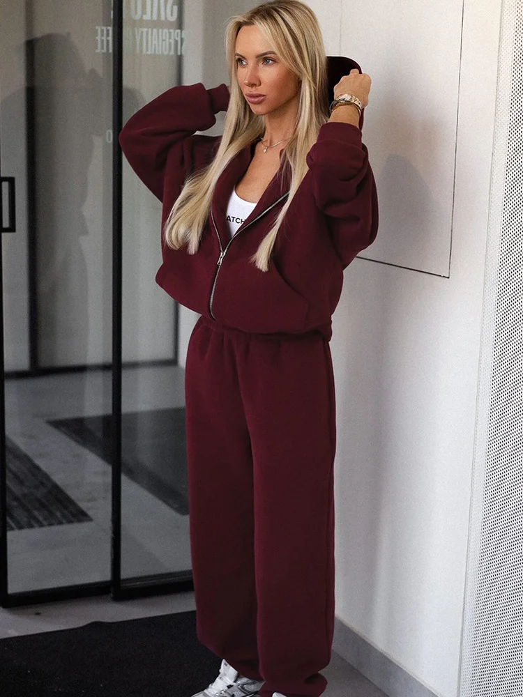 Tossy Two Piece Tracksuit Hooded Drawstring Zip Front Fleece Lined Jogger Set Casual Street Loungewear Baggy Oversize Co-ord Set