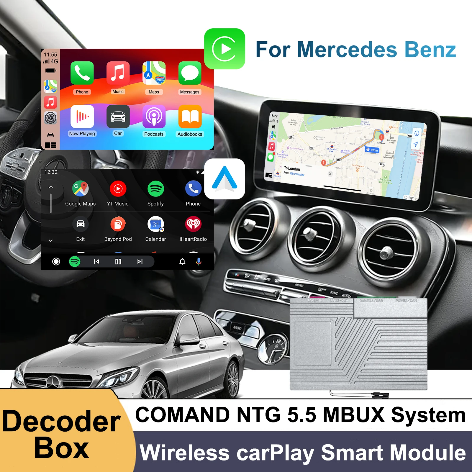 Decoder Box for Wireless CarPlay Android Auto Adapter for Mercedes NTG5.5 COMAND System 2017-2019, 10.25