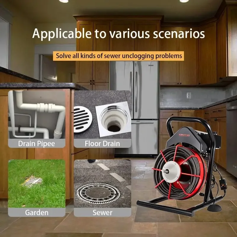 drain cleaner machine，75 Ft x1/2 Inch Electric drain auger, Portable Design, Comes with 6 knife heads,gloves，Foot air switch con