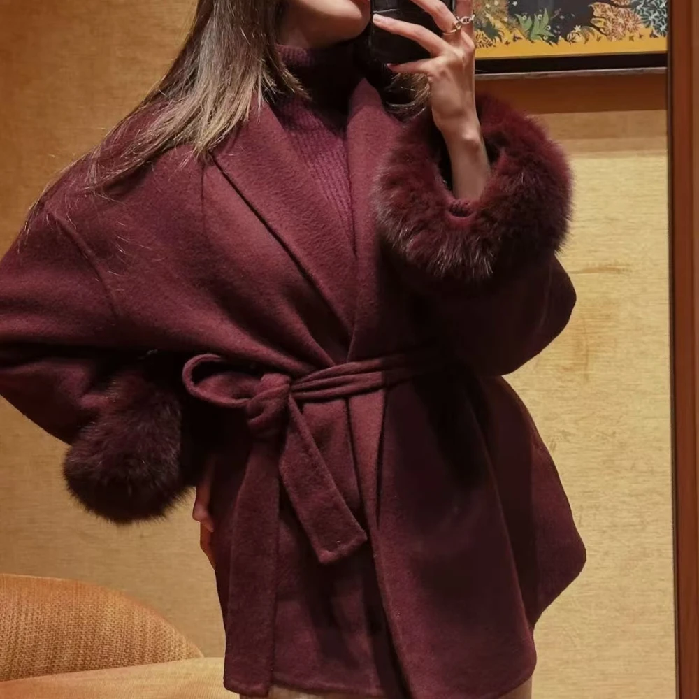 Fuzzy Spliced Belted Coat Classy Multi Color Turn Down Collar Long Sleeve Pockets Loose Fit Warm Winter Casual Outerwear Coat