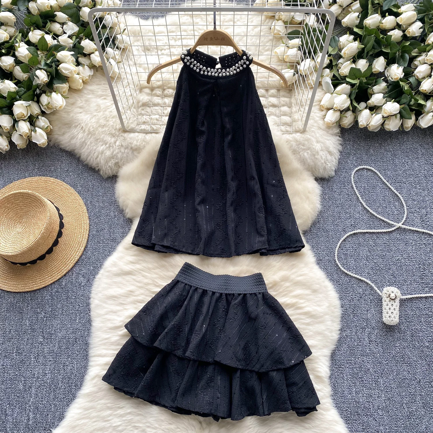 Gagaok Sweet Two Piece Set Women Beaded Round Neck Halter Sleeveless Top+high Waisted Slim A Line Skirt Korean Fashion Clothing