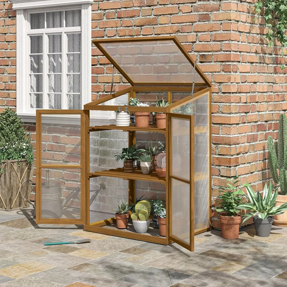 

Wooden greenhouse with adjustable shelves, mini greenhouse cabinet with transparent openable top and double doors