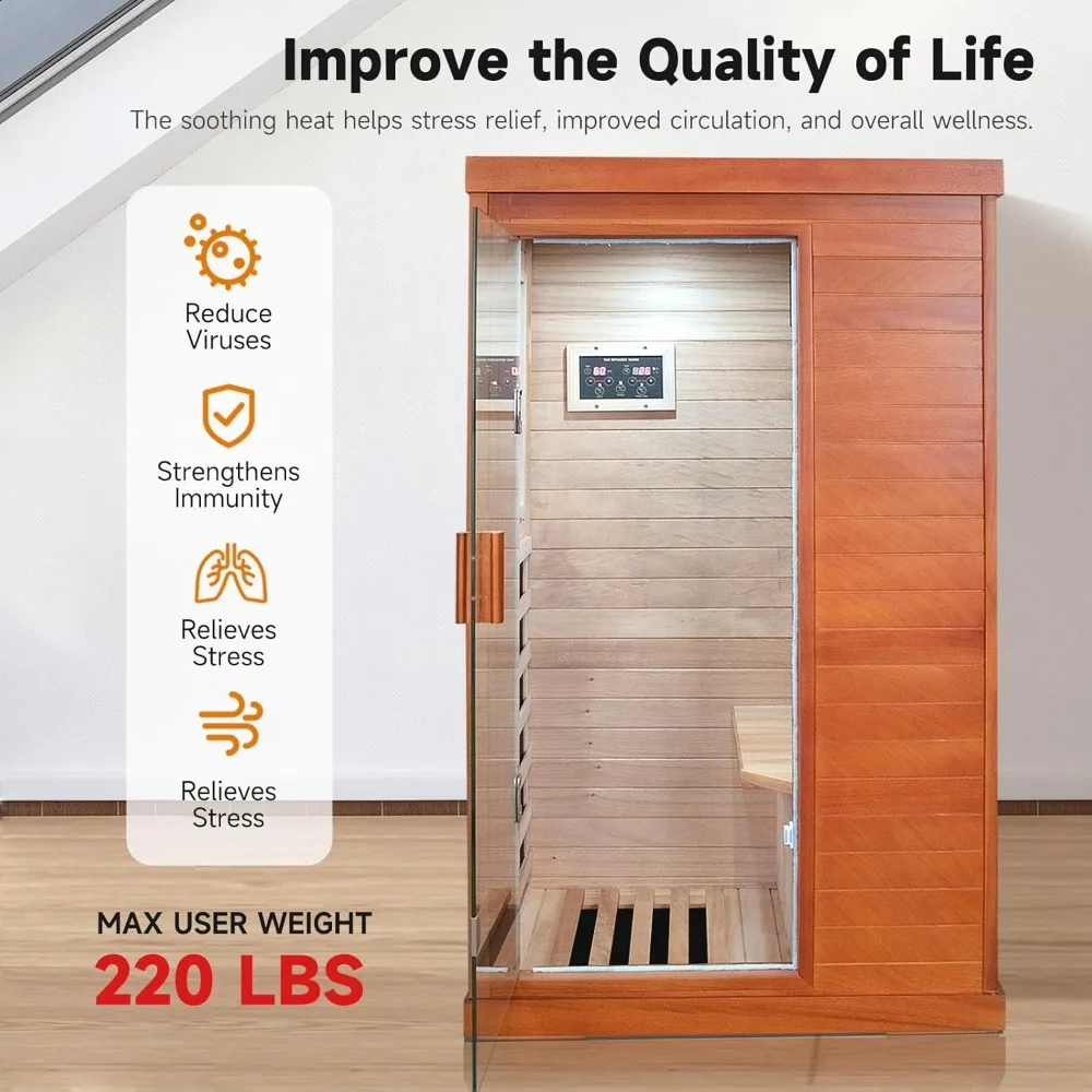 Sauna de infrarrojos lejanos Sauna casera Sala de spa Saunas de interior de madera de bajo EMF 800W con panel de control y puerta de vidrio templado, habitación: 35,2 * 2