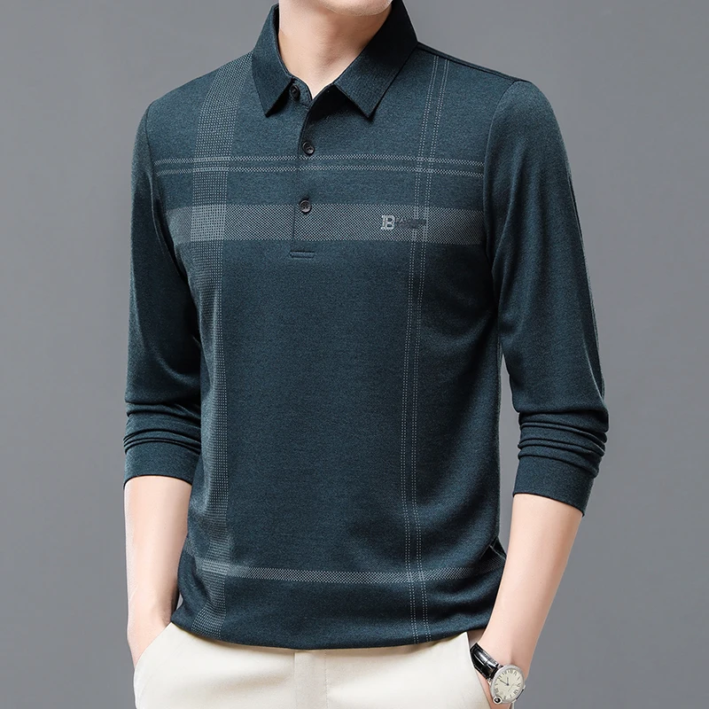 قميص بولو غير رسمي بأكمام طويلة للرجال لخريف 2025 منتج جديد للأعمال بلون سادة تي شيرت غير رسمي متعدد الاستخدامات