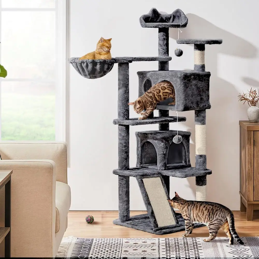 57 inches Cat Tree or Indoor Cats, Multi-Level Cat Tower w/ 3 Perches, 2 Cat Condos, 2 Hanging Balls and Scratching Posts, k Gra