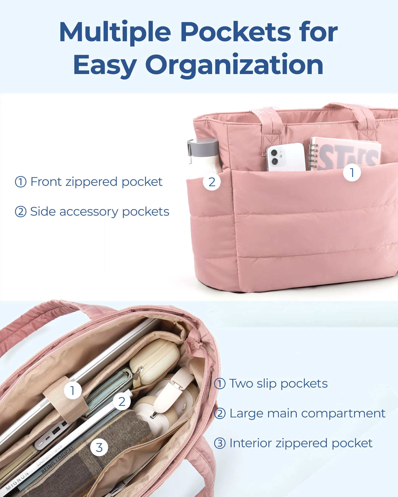 BAGSMART-Sacola acolchoada de algodão grande quadrado para mulheres, rosa, acolchoado feminino, bolsa de compras inchada, simples, diária