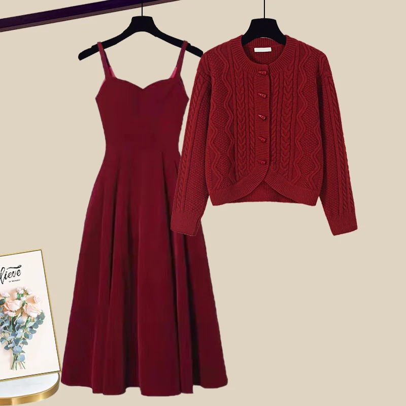 

plus Size Autumn Winter Slimming Knitted Sweater And Midi Skirt Set for Women High Waist Concealing Meat Red Two Piece Set