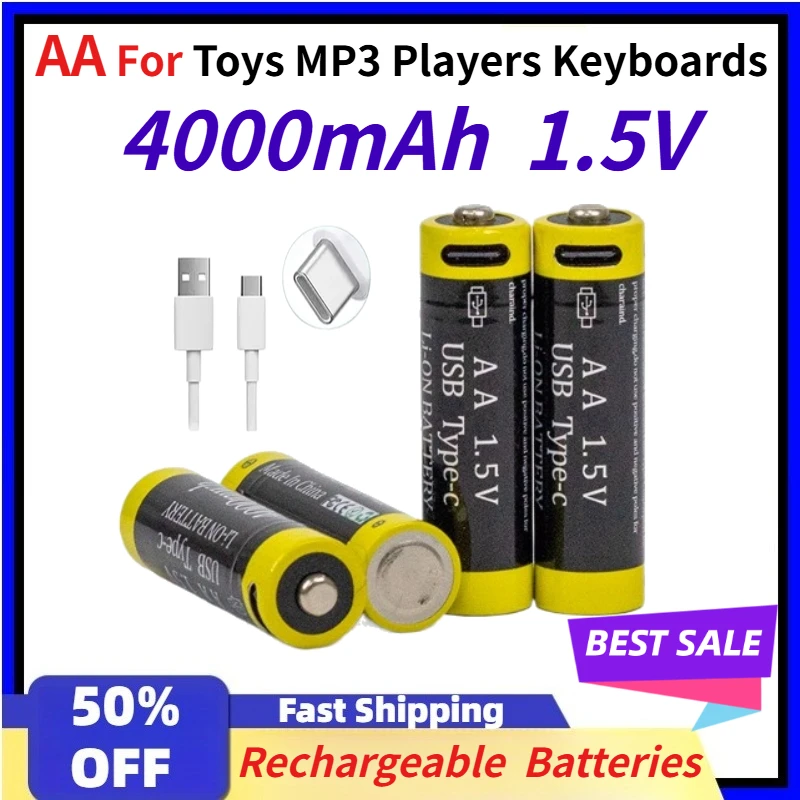 Best-selling Models 2pcs 4000mAh AA Rechargeable Lithium-ion Batteries with USB Charging Cable for Toys MP3 Players Keyboards