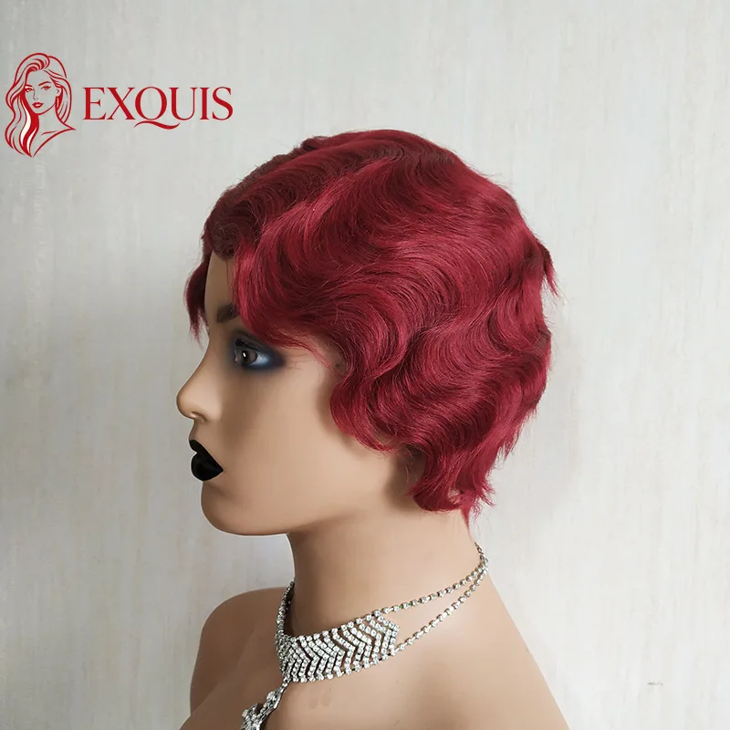 burg-color-wave-human-hair-full-machine-retro-wig-6-inch-180-density-brazilian-virgin-remy-breathable-for-black-women-party-use