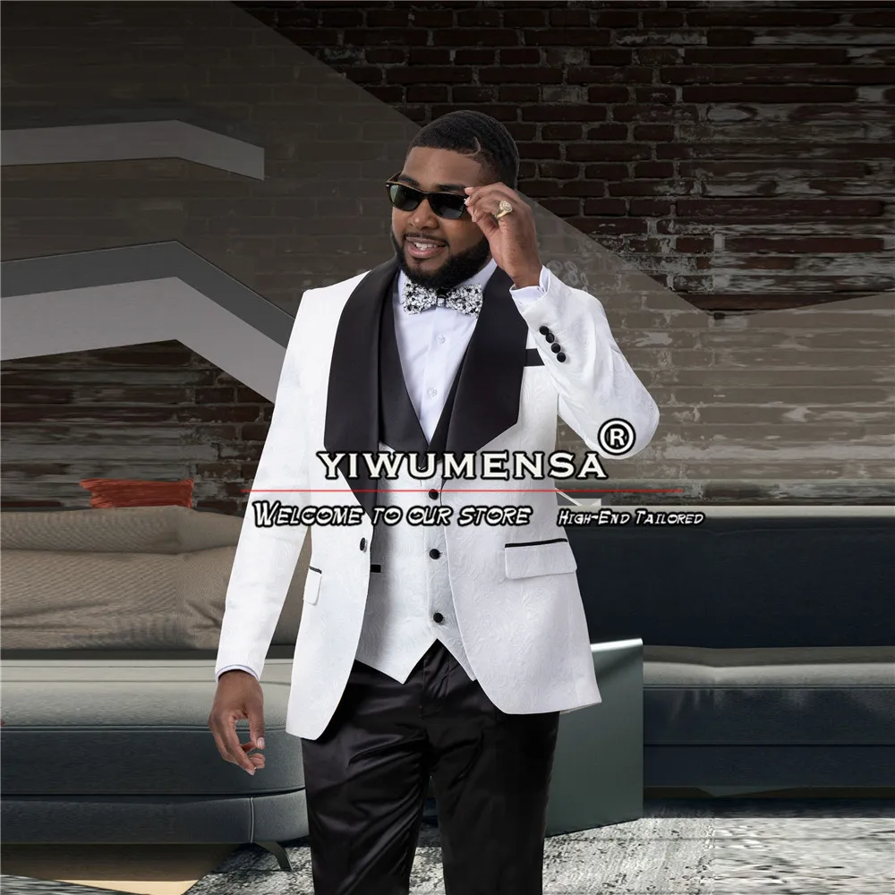 

Vintage Men's Suits For Wedding White Jacquard Black Notch Lapel Jacket Vest Pants 3 Pieces Formal Grooms Tuxedos Bespoke Blazer