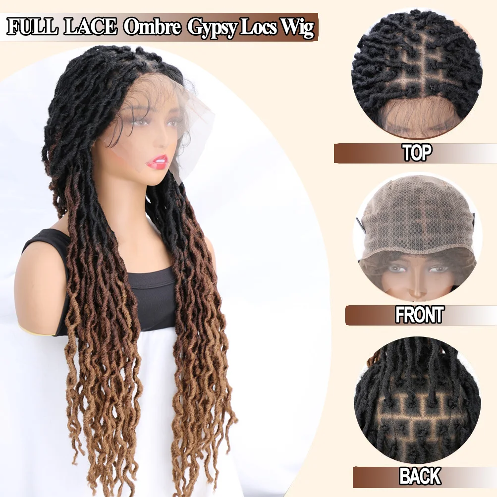 Parrucca piena in pizzo ondulato Gypsy Locs con i capelli del bambino 24 pollici parrucca sintetica marrone Ombre senza nodi morbida finta Locs parte quadrata parrucca Dreadlock