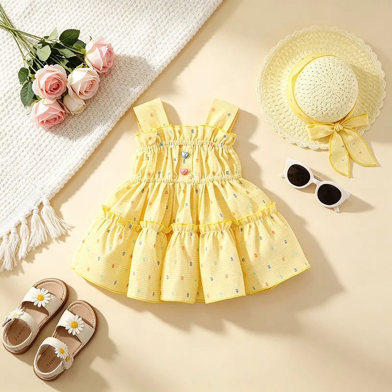 2 Teile/satz Mode Sommer Bunte Liebe Baby Mädchen Kleid Süße Neugeborene Kinder Kleidung Infant Kinder Outfit Senden Hut Kleinkind Kostüm